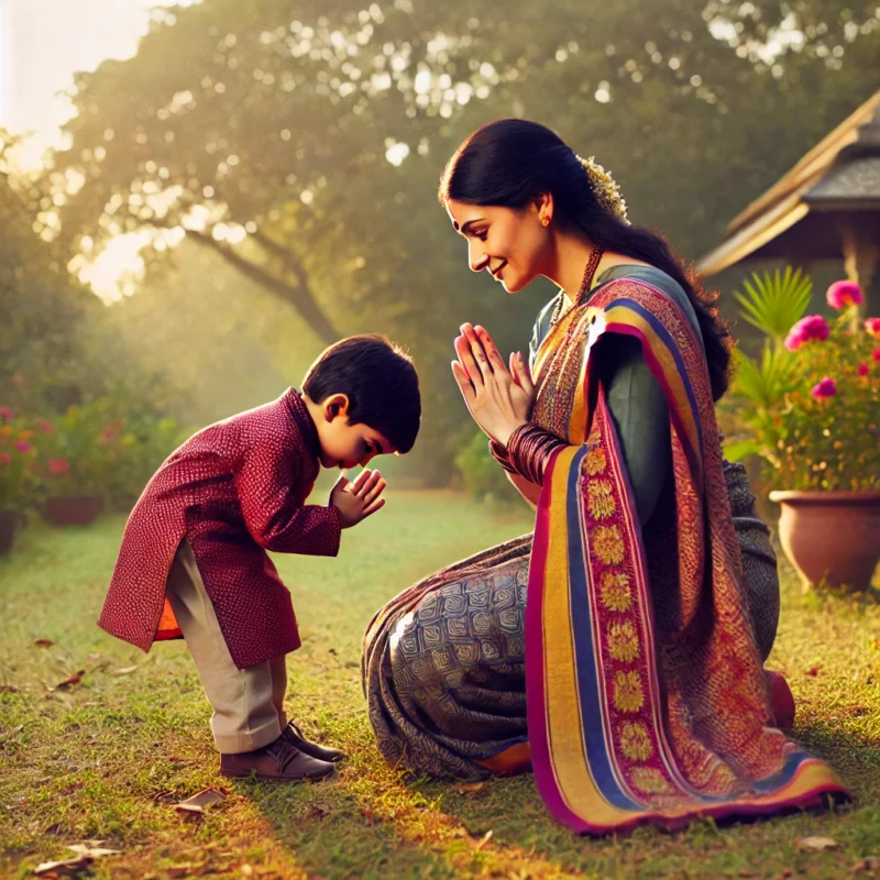 a woman and child praying in a garden