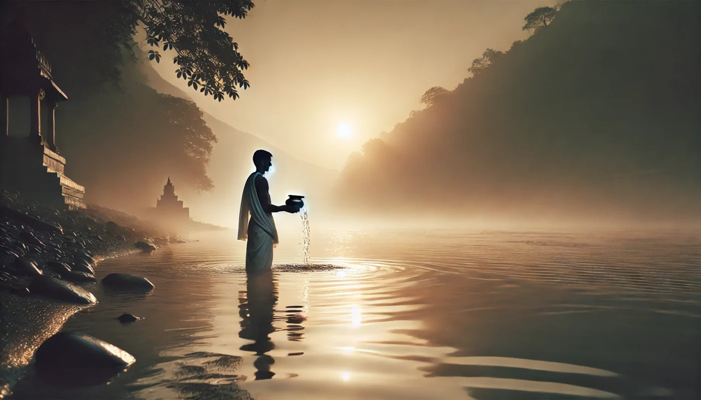 A son offering food so that he can please his ancestors during the time of Pitru Paksh or Shradh paksh