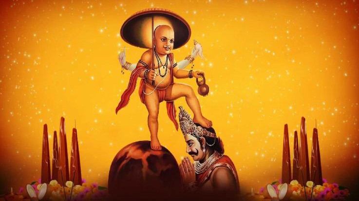 Vamana, the short brahmin form of Lord Vishnu placing his foot on King Mahabali's head as his third step