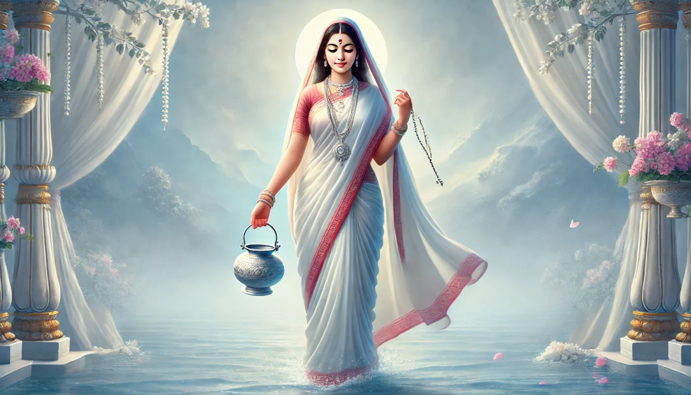 Austere and pious form of ma brahmacharini holding  kamandal and rudraaksh mala in her hands