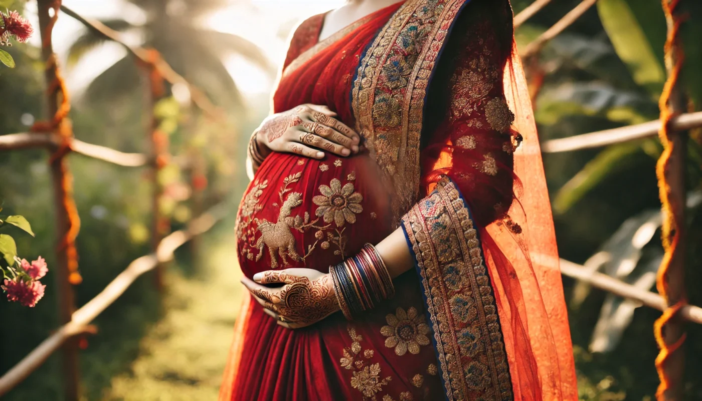 a pregnant lady in her red bridal dress