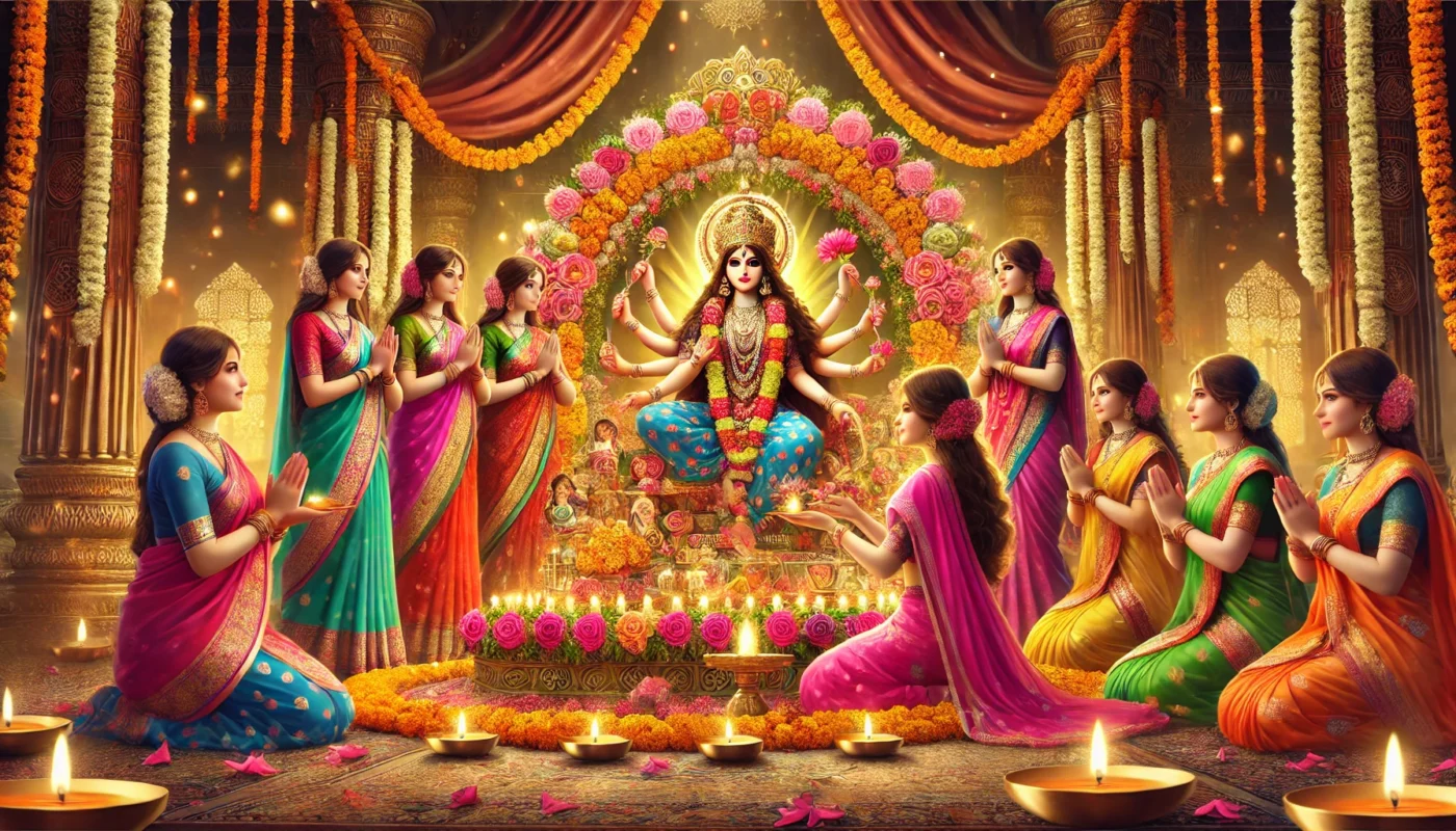 women are offering prayers to ma during navratri