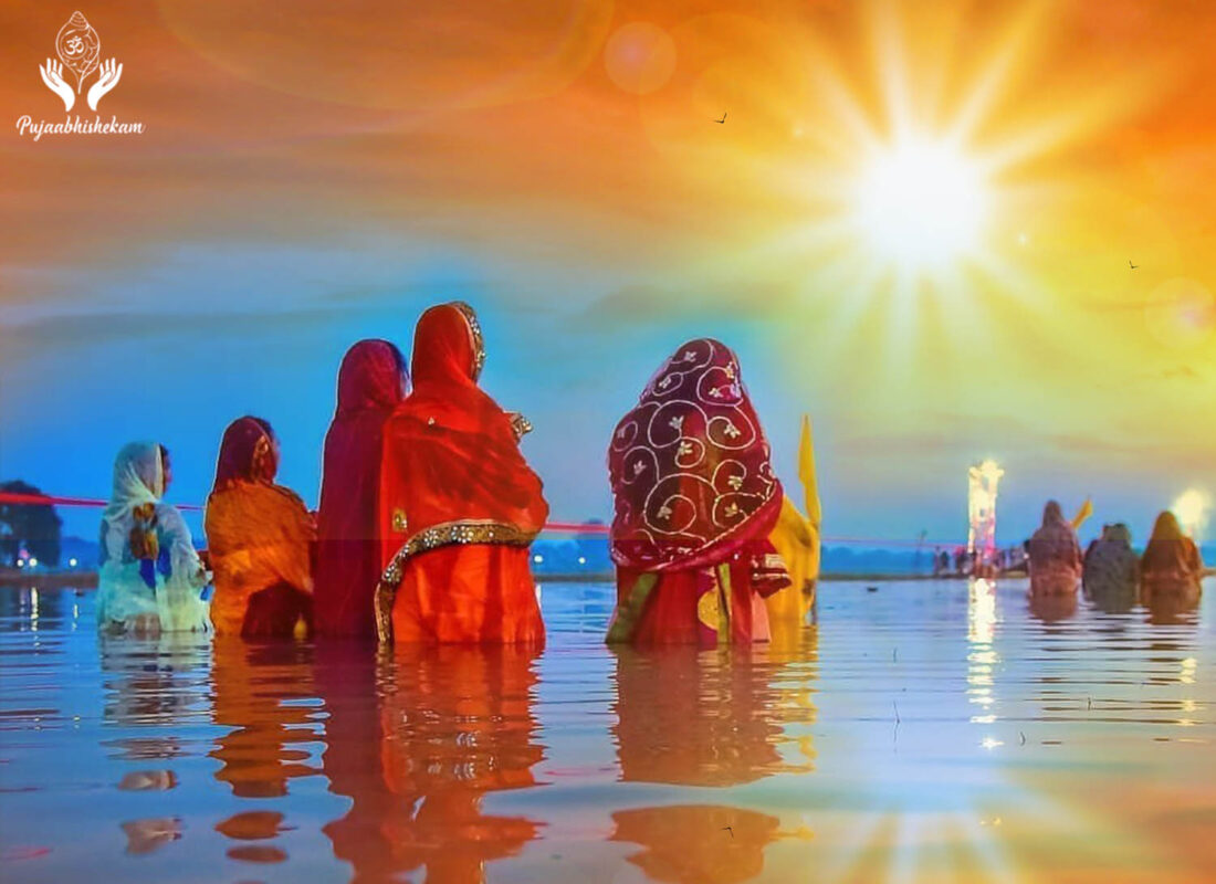 Ladies performing chhath puja 2024 in a river