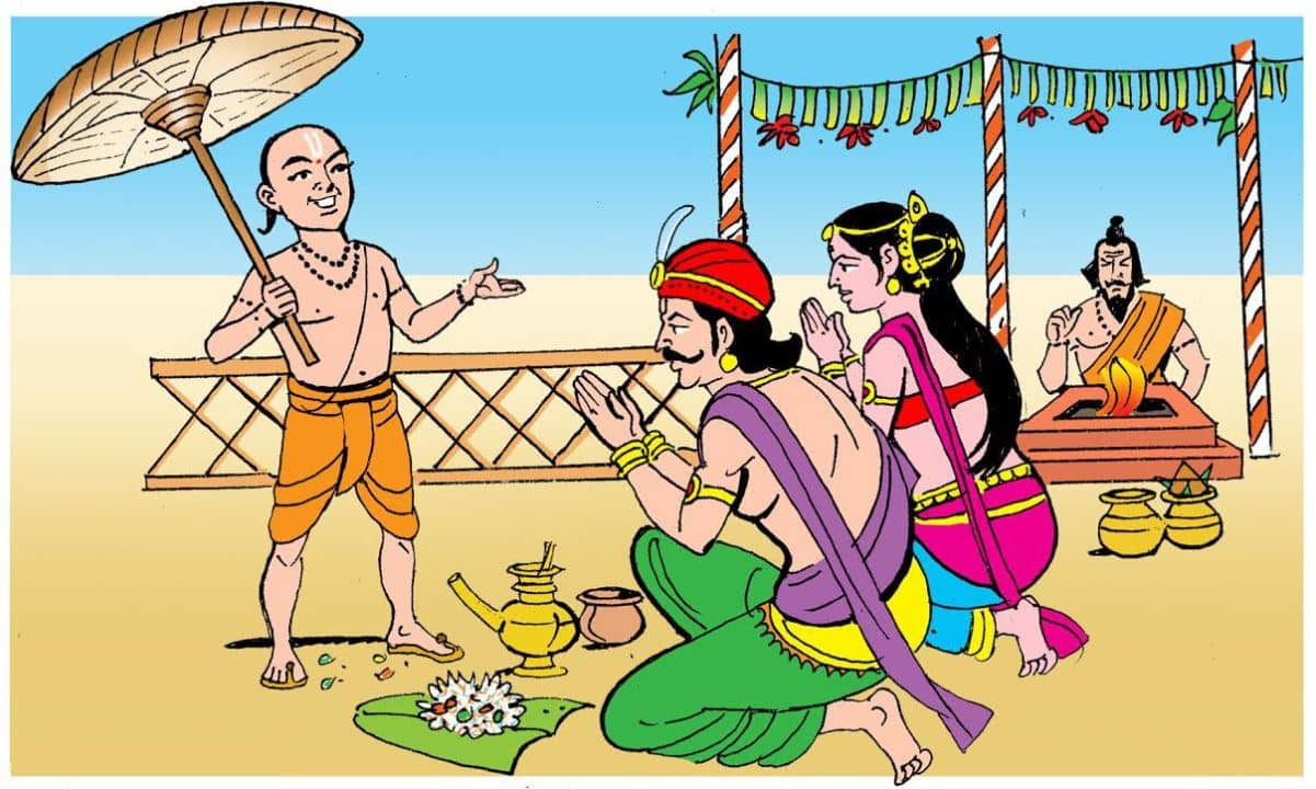 vamana avatar of lord vishnu asking king bali for three paces of land